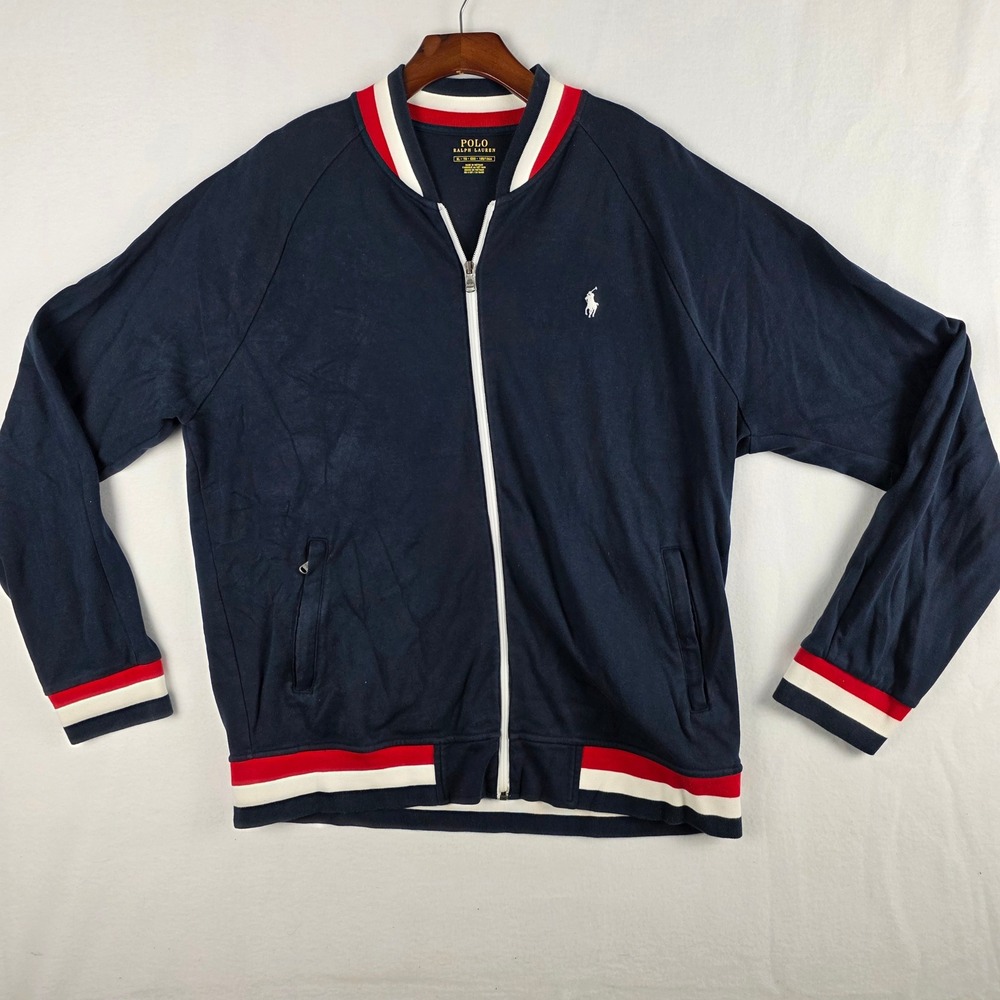 Polo Ralph Lauren Men's Navy Blue Striped Trim Full Zip Track Jacket Size XL